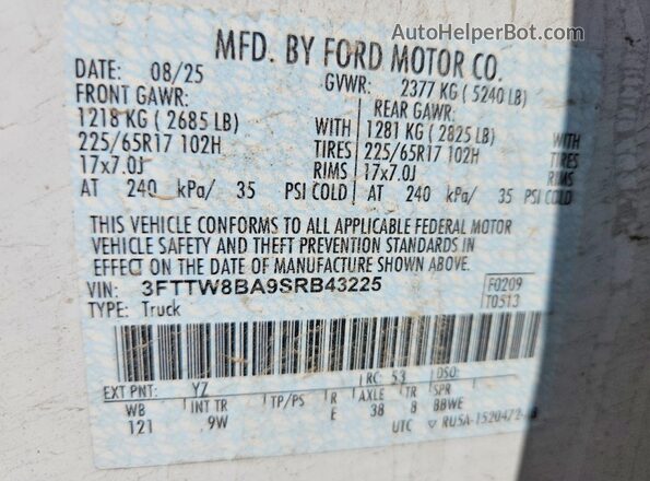 3FTTW8BA9SRB43225 2025 FORD MAVERICK White Вид підкапотного простору