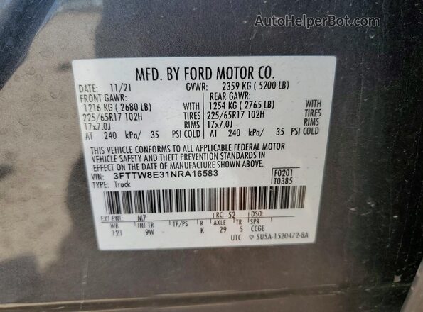 3FTTW8E31NRA16583 2022 FORD MAVERICK Gray Vista de la etiqueta del VIN
