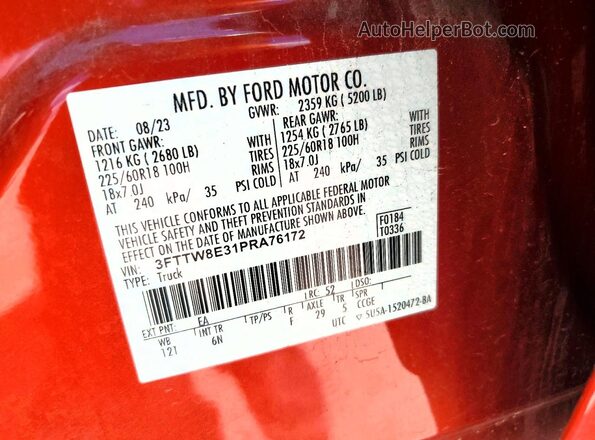 3FTTW8E31PRA76172 2023 FORD MAVERICK Красный Вид наклейки с VIN-кодом