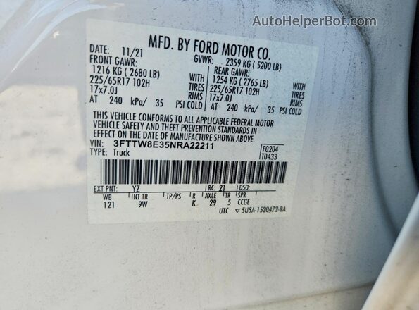 3FTTW8E35NRA22211 2022 FORD MAVERICK White Widok komory silnika