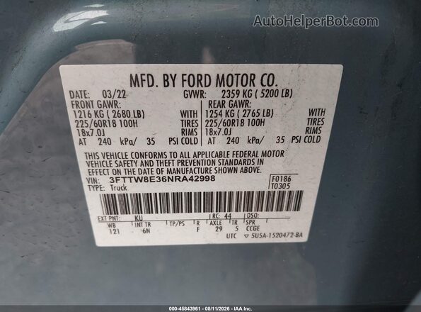 3FTTW8E36NRA42998 2022 FORD MAVERICK Light Blue Շարժիչի բաժամունքի տեսք
