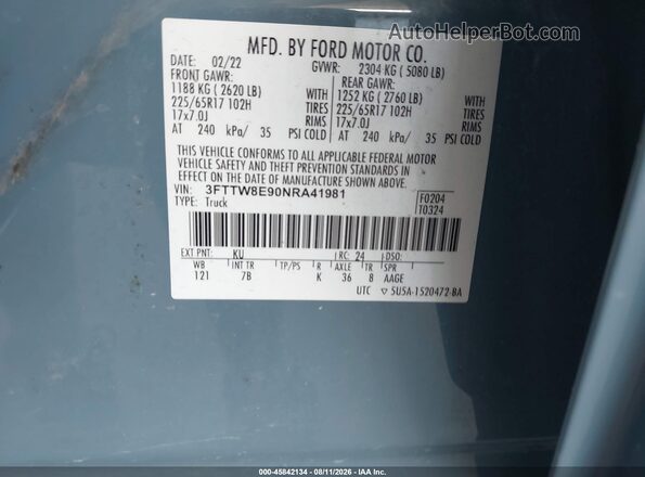 3FTTW8E90NRA41981 2022 FORD MAVERICK Blue Շարժիչի բաժամունքի տեսք