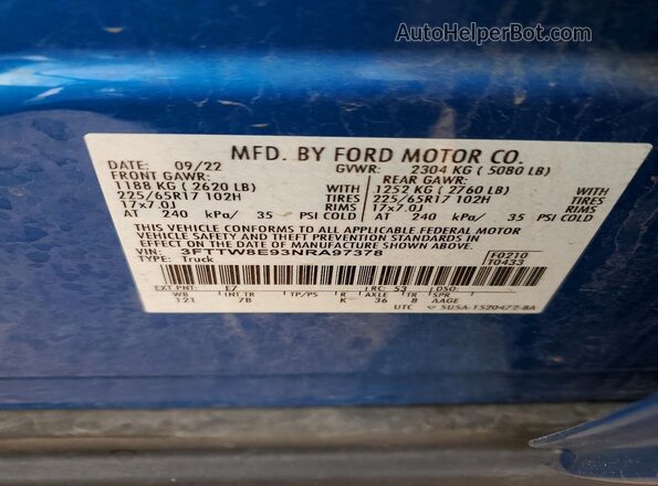 3FTTW8E93NRA97378 2022 FORD MAVERICK Синий Вид подкапотного пространства