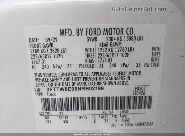 3FTTW8E98NRB02199 2022 FORD MAVERICK White Engine compartment view