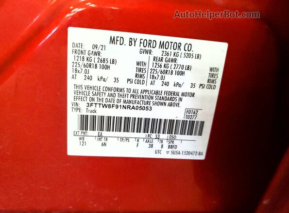 3FTTW8F91NRA05053 2022 FORD MAVERICK Оранжевый Вид наклейки с VIN-кодом
