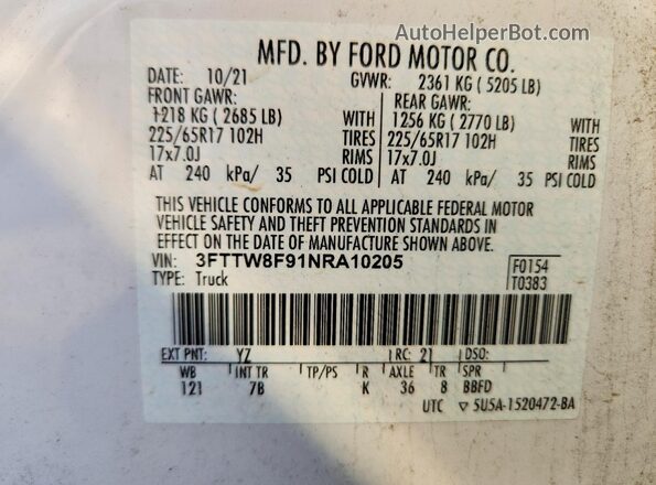 3FTTW8F91NRA10205 2022 FORD MAVERICK White Vista del compartimento del motor
