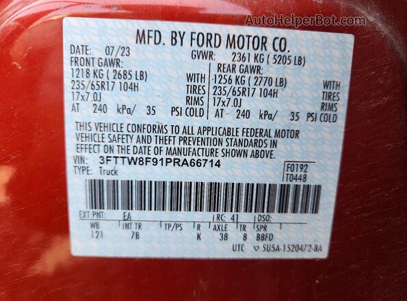 3FTTW8F91PRA66714 2023 FORD MAVERICK Orange VIN կոդի պիտակի տեսք
