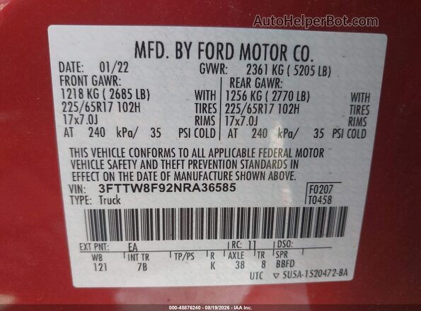 3FTTW8F92NRA36585 2022 FORD MAVERICK Red ძრავის განყოფილების ხედი