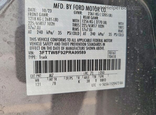 3FTTW8F92PRA99589 2023 FORD MAVERICK Gray Widok naklejki z numerem VIN