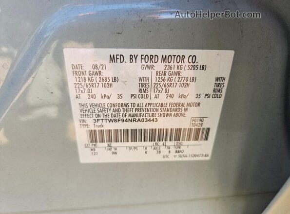 3FTTW8F94NRA03443 2022 FORD MAVERICK Gray ძრავის განყოფილების ხედი