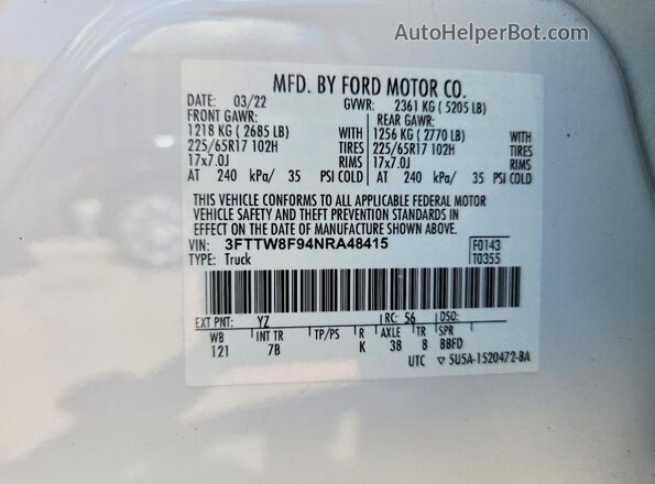 3FTTW8F94NRA48415 2022 FORD MAVERICK White Շարժիչի բաժամունքի տեսք