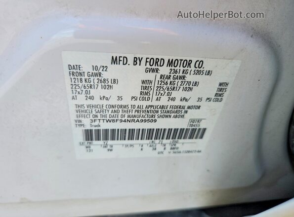 3FTTW8F94NRA99509 2022 FORD MAVERICK White Շարժիչի բաժամունքի տեսք