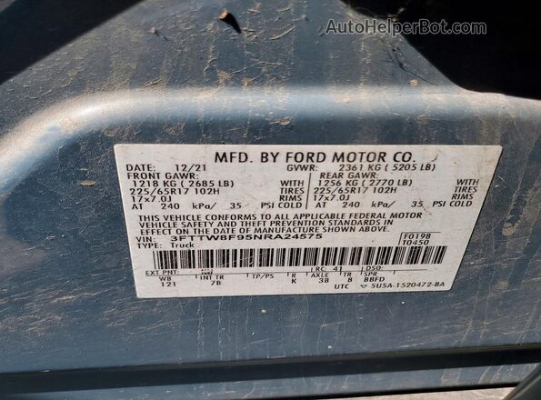 3FTTW8F95NRA24575 2022 FORD MAVERICK Бирюзовый Панорамный вид салона 360°