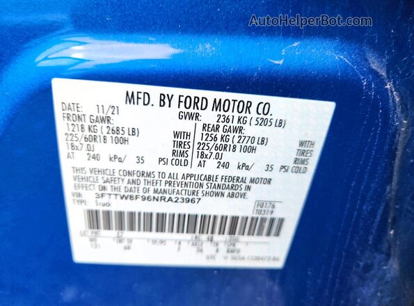 3FTTW8F96NRA23967 2022 FORD MAVERICK Blue ძრავის განყოფილების ხედი