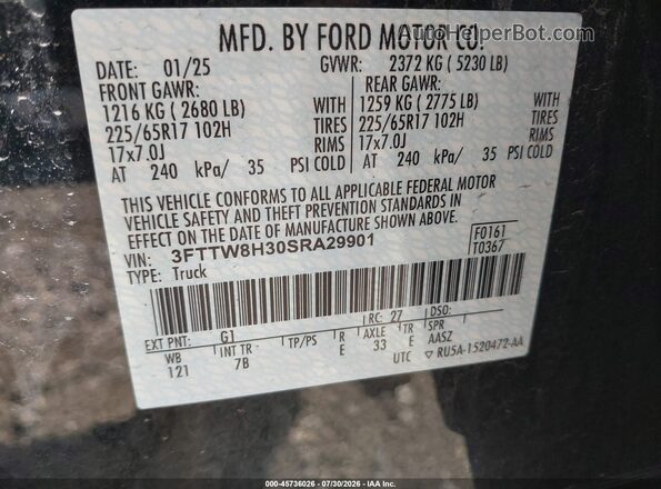 3FTTW8H30SRA29901 2025 FORD MAVERICK Black Вид підкапотного простору