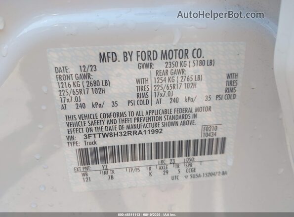 3FTTW8H32RRA11992 2024 FORD MAVERICK White Widok komory silnika