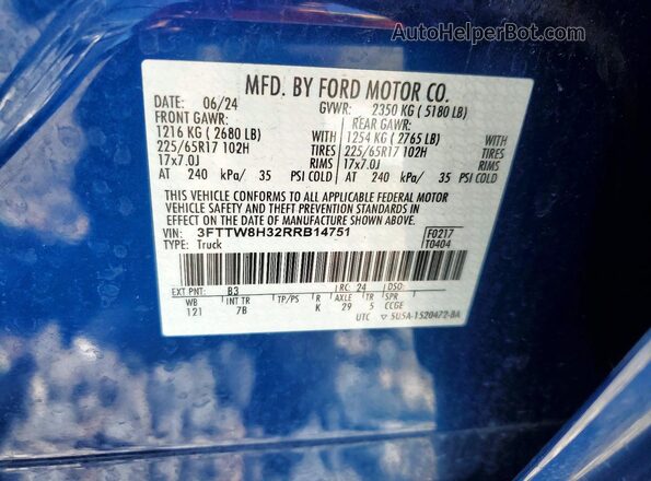 3FTTW8H32RRB14751 2024 FORD MAVERICK Blue Շարժիչի բաժամունքի տեսք