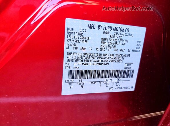 3FTTW8H33SRB65763 2025 FORD MAVERICK Red ძრავის განყოფილების ხედი