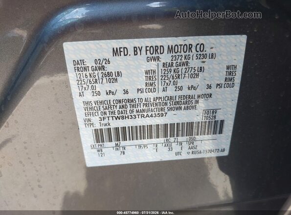 3FTTW8H33TRA43597 2026 FORD MAVERICK Gray Vista del compartimento del motor