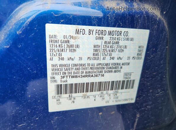 3FTTW8H34RRA36716 2024 FORD MAVERICK Blue Vista del compartimento del motor