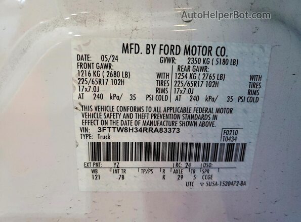 3FTTW8H34RRA83373 2024 FORD MAVERICK White Widok komory silnika