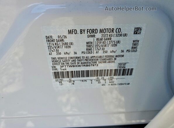 3FTTW8H36TRB07972 2026 FORD MAVERICK White VIN კოდის სტიკერის ხედი