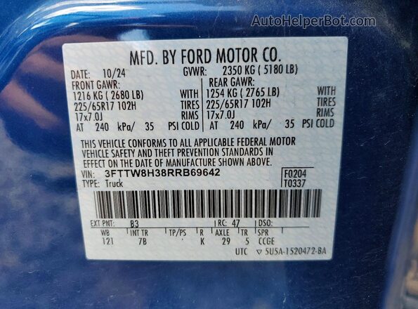 3FTTW8H38RRB69642 2024 FORD MAVERICK Blue Շարժիչի բաժամունքի տեսք