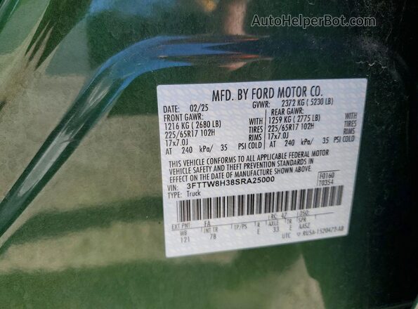 3FTTW8H38SRA25000 2025 FORD MAVERICK Green Vista del compartimento del motor