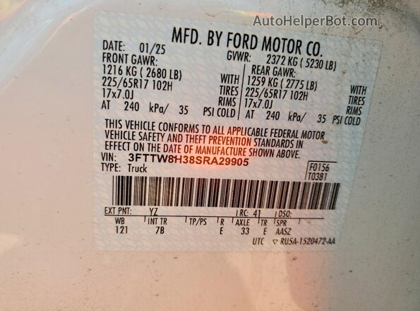 3FTTW8H38SRA29905 2025 FORD MAVERICK White Vista del compartimento del motor