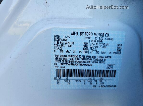 3FTTW8HAXTRA00938 2026 FORD MAVERICK White VIN sticker view