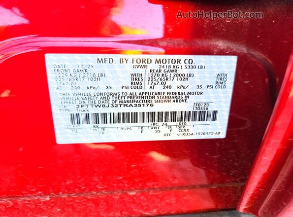 3FTTW8J32TRA35176 2026 FORD MAVERICK Red Вид наклейки з VIN-кодом