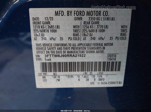 3FTTW8J90RRA21922 2024 FORD MAVERICK Blue Widok komory silnika