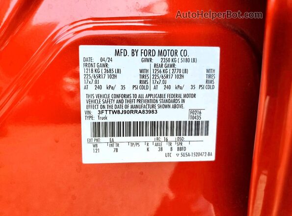 3FTTW8J90RRA83983 2024 FORD MAVERICK Red Vista del compartimento del motor
