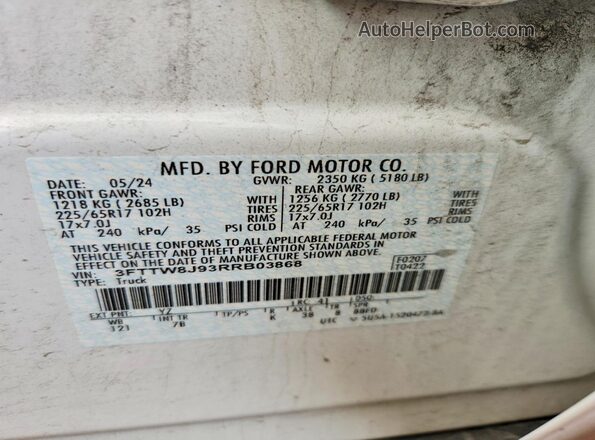 3FTTW8J93RRB03868 2024 FORD MAVERICK Белый Вид наклейки с VIN-кодом