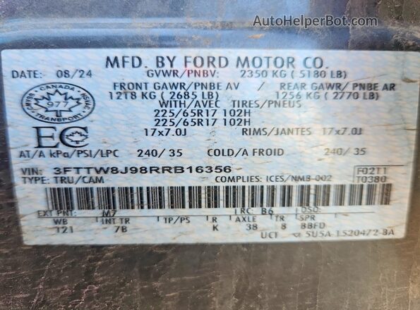 3FTTW8J98RRB16356 2024 FORD MAVERICK Gray Вид наклейки з VIN-кодом