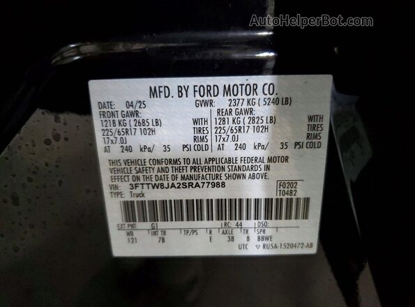 3FTTW8JA2SRA77988 2025 FORD MAVERICK Black Vista de la etiqueta del VIN