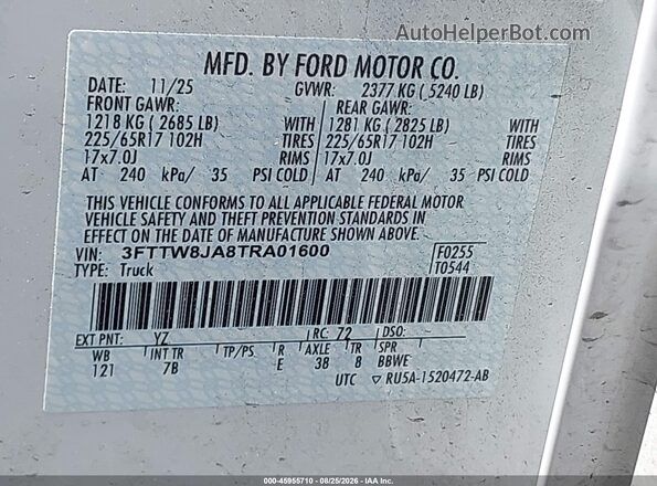 3FTTW8JA8TRA01600 2026 FORD MAVERICK Белый Вид подкапотного пространства