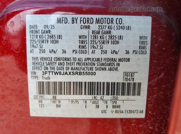 3FTTW8JAXSRB55000 2025 FORD MAVERICK Red Widok komory silnika