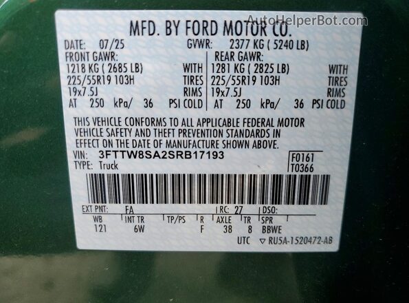 3FTTW8SA2SRB17193 2025 FORD MAVERICK Green Widok naklejki z numerem VIN