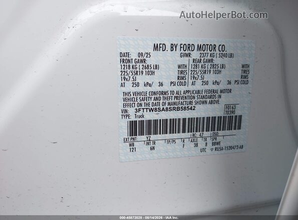 3FTTW8SA8SRB58542 2025 FORD MAVERICK White Engine compartment view