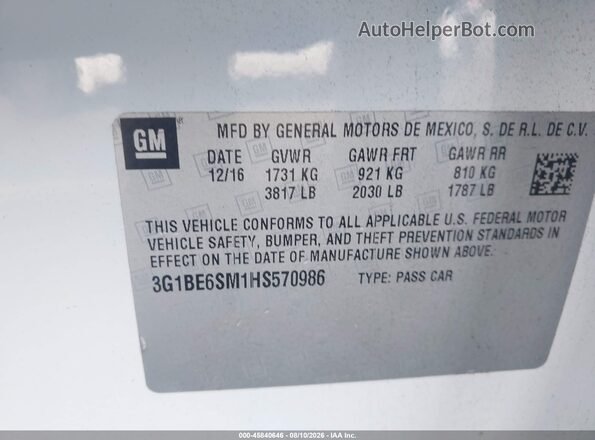 3G1BE6SM1HS570986 2017 CHEVROLET CRUZE White Vista del compartimento del motor