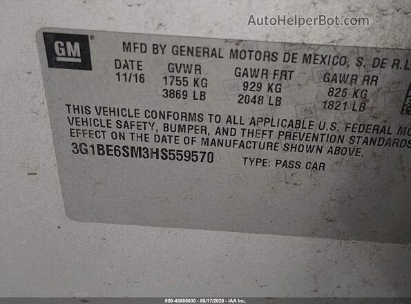 3G1BE6SM3HS559570 2017 CHEVROLET CRUZE Silver Widok komory silnika