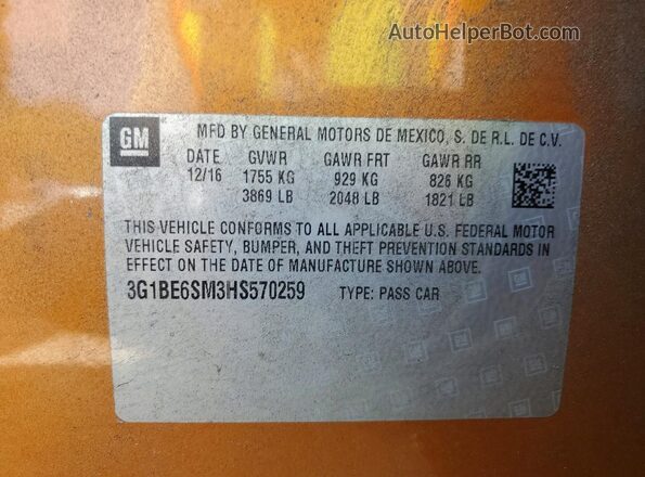 3G1BE6SM3HS570259 2017 CHEVROLET CRUZE Оранжевый Вид наклейки с VIN-кодом