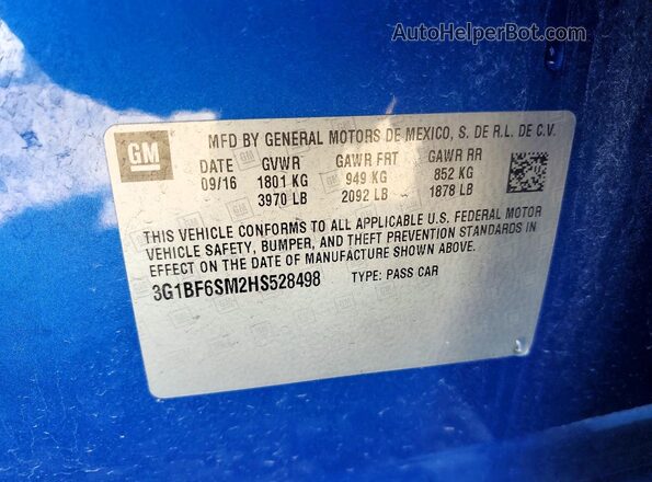 3G1BF6SM2HS528498 2017 CHEVROLET CRUZE Blue Vista del compartimento del motor