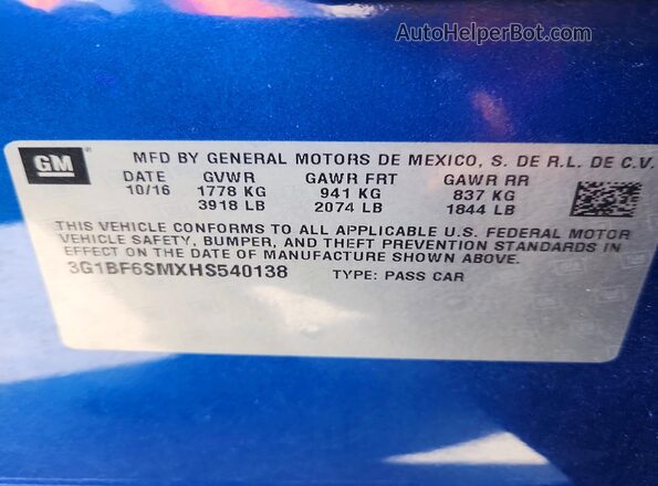 3G1BF6SMXHS540138 2017 CHEVROLET CRUZE Blue ძრავის განყოფილების ხედი