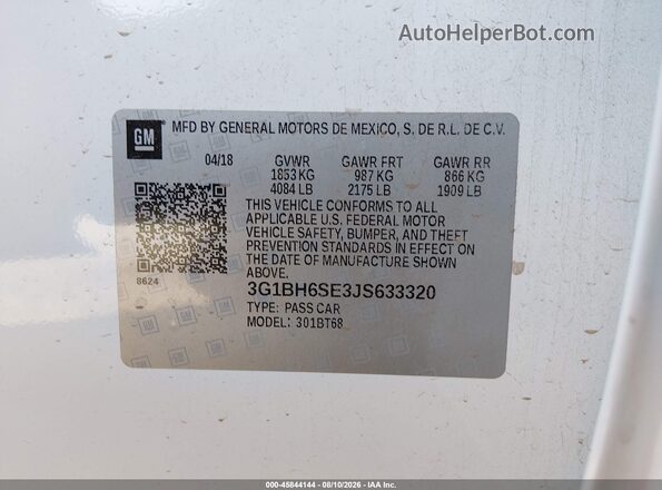 3G1BH6SE3JS633320 2018 CHEVROLET CRUZE White Widok komory silnika