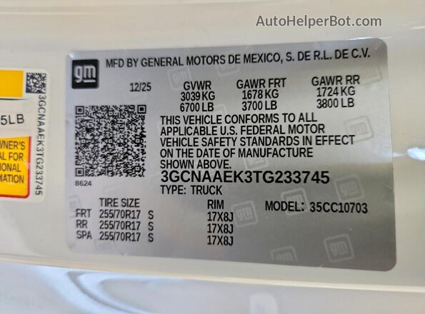 3GCNAAEK3TG233745 2026 CHEVROLET SILVERADO White Вид наклейки з VIN-кодом