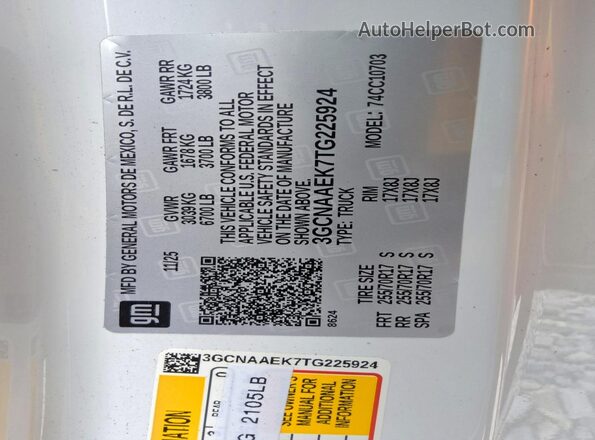 3GCNAAEK7TG225924 2026 CHEVROLET SILVERADO White VIN კოდის სტიკერის ხედი