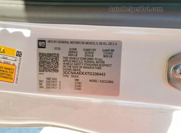 3GCNAAEKXTG106443 2026 CHEVROLET SILVERADO White Widok naklejki z numerem VIN