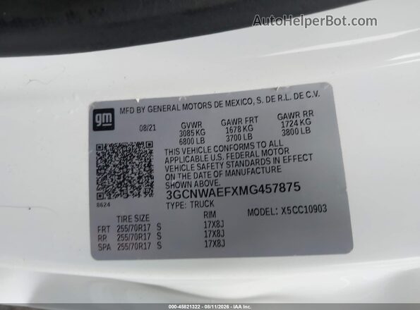 3GCNWAEFXMG457875 2021 CHEVROLET SILVERADO White ძრავის განყოფილების ხედი